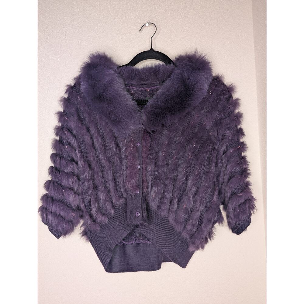 Dana Stein Rare Purple Rabbit Fur Cardigan Fox Fur Collar S